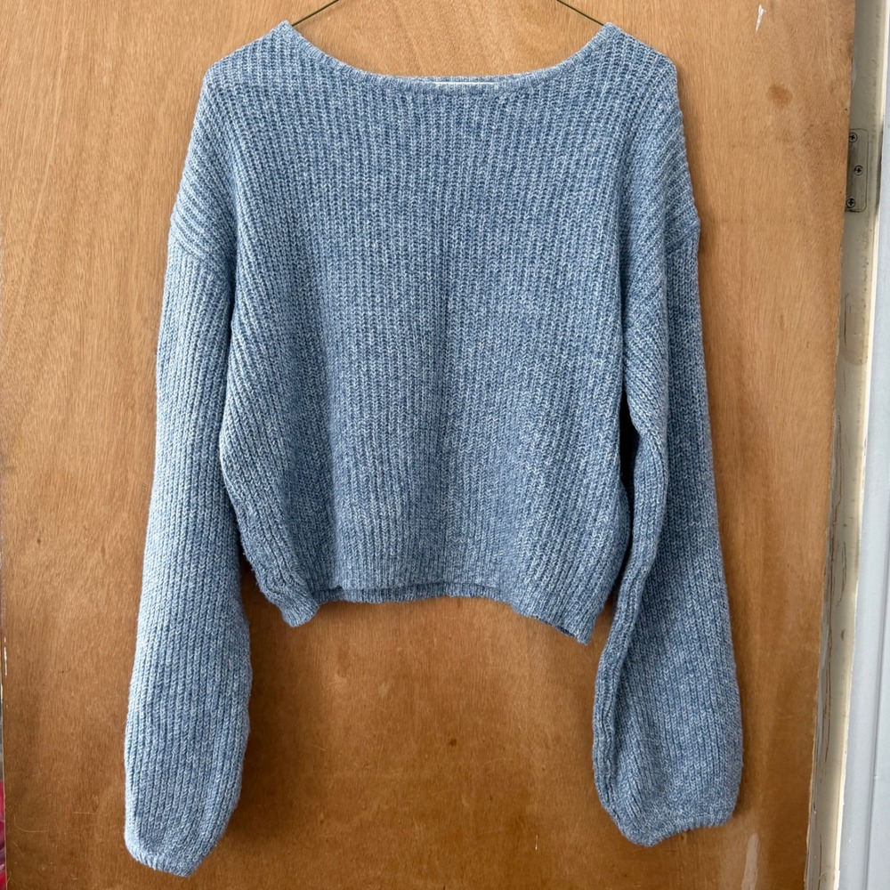 Blue Marl Chunky Knit Sweater Balloon Sleeve Cropped Pullover L